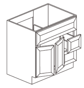 Line drawing of a cabinet with an open drawer and door.